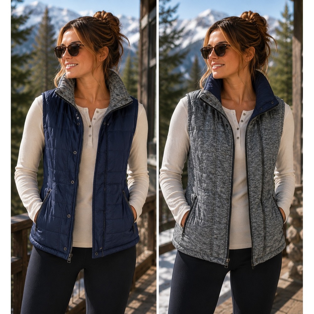 Zella Reversible Quilted‎ Puffer Vest Navy Blue Grey Space Dye Womens Small